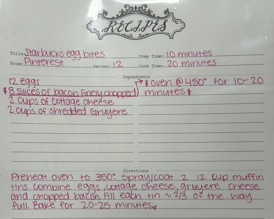 A handwritten recipe card for egg bites, in pink pen. A star and an arrow beside the bacon point to a note: oven at 450 degrees for 10 to 20 minutes. The directions below say to preheat to 350.